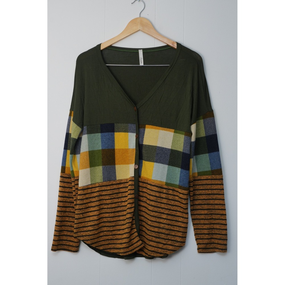 Cardigan Women Large Green Plaid Striped Mixed Media Colorblock Button Up